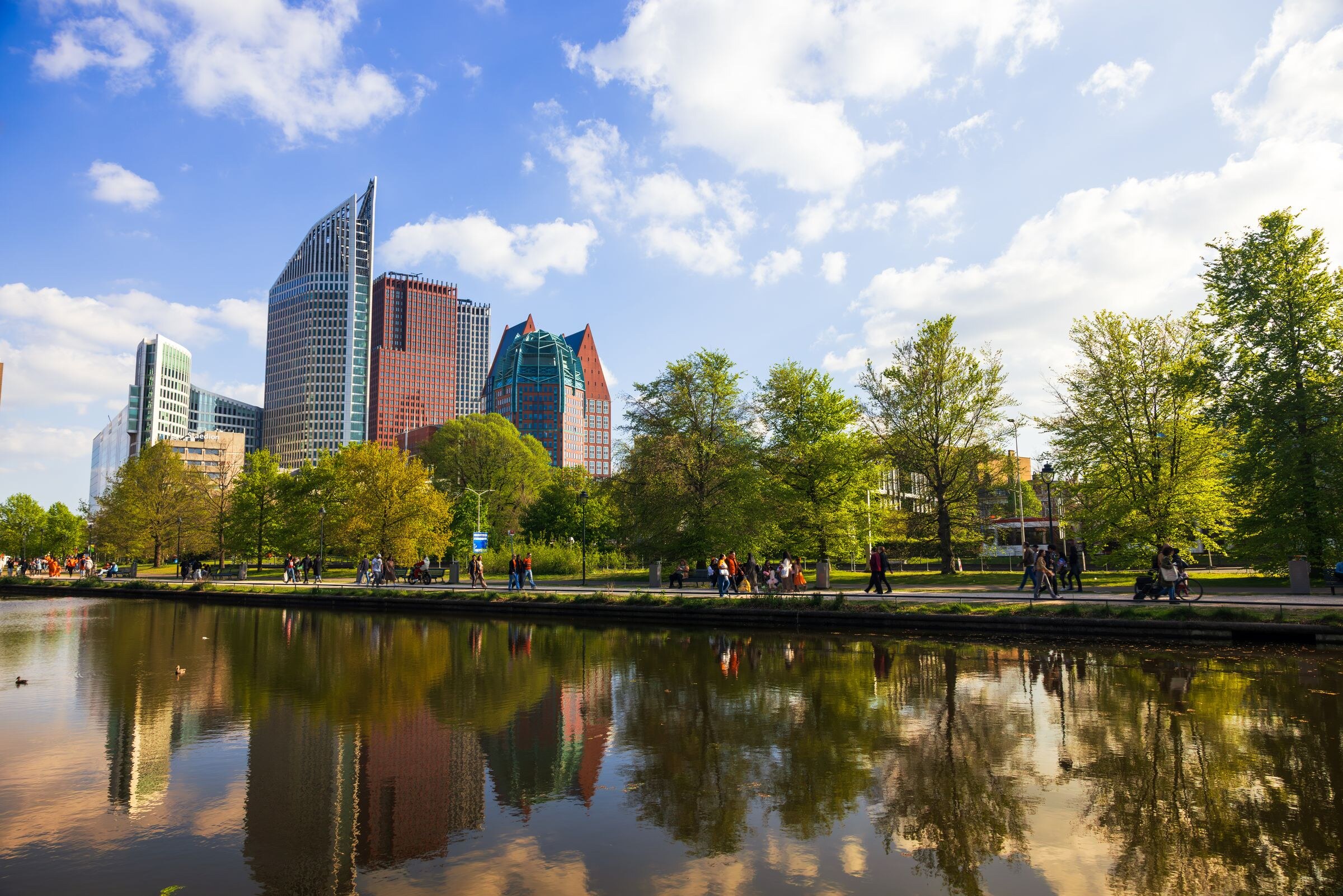 Het Haagse Bos met de skyline van Den Haag, vlak bij de Koninginnegracht